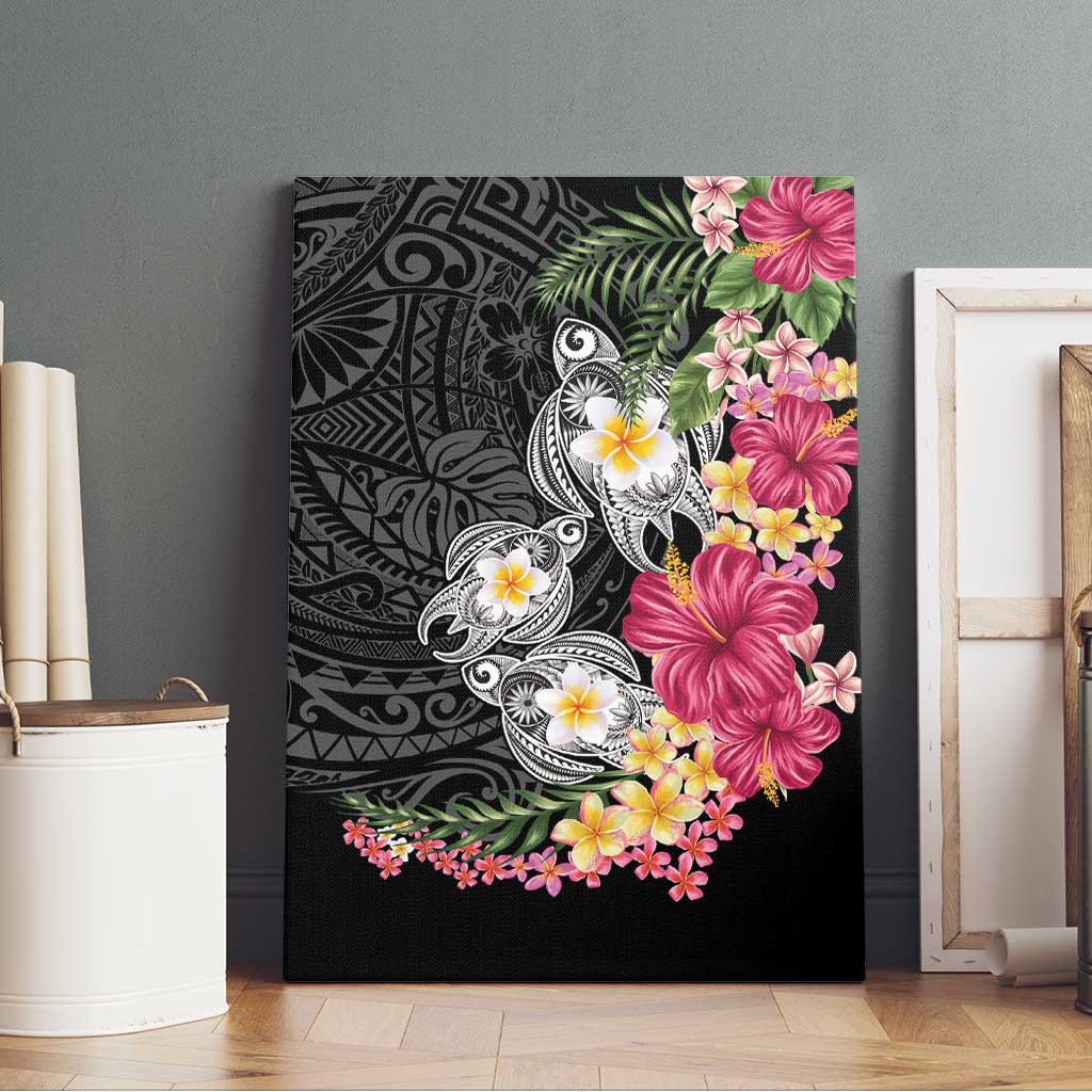Hawaiian Tropical Flowers and Tribal Turtles Canvas Wall Art Polynesian Art Motifs Black Color - Polynesian Pride