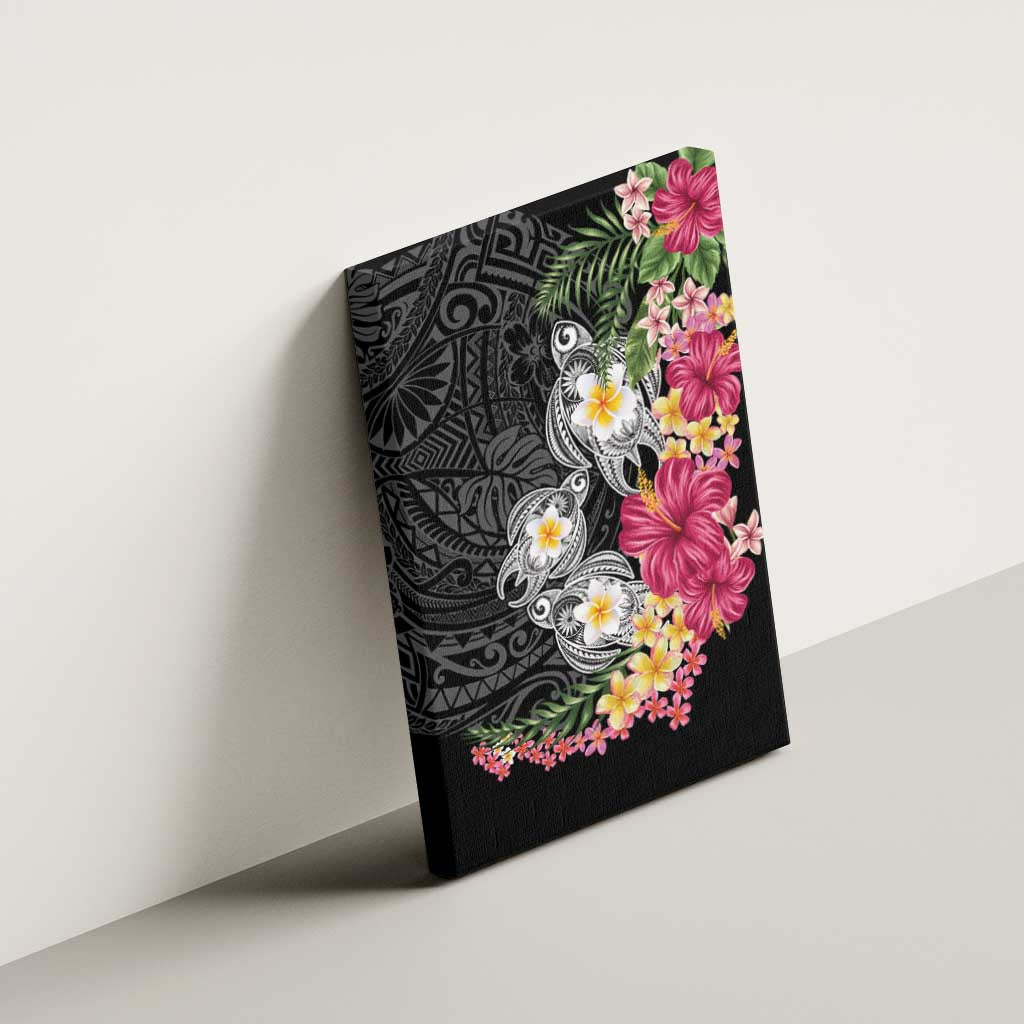 Hawaiian Tropical Flowers and Tribal Turtles Canvas Wall Art Polynesian Art Motifs Black Color - Polynesian Pride
