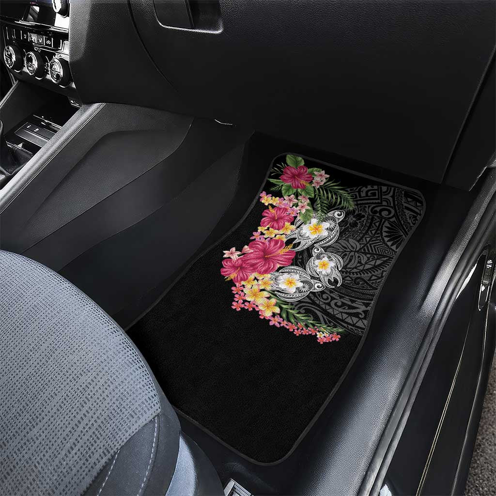 Hawaiian Tropical Flowers and Tribal Turtles Car Mats Polynesian Art Motifs Black Color - Polynesian Pride