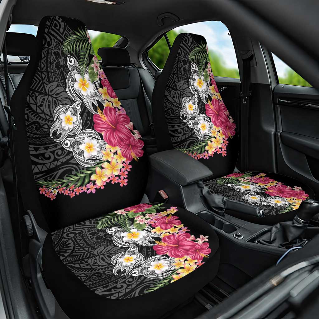 Hawaiian Tropical Flowers and Tribal Turtles Car Seat Cover Polynesian Art Motifs Black Color - Polynesian Pride