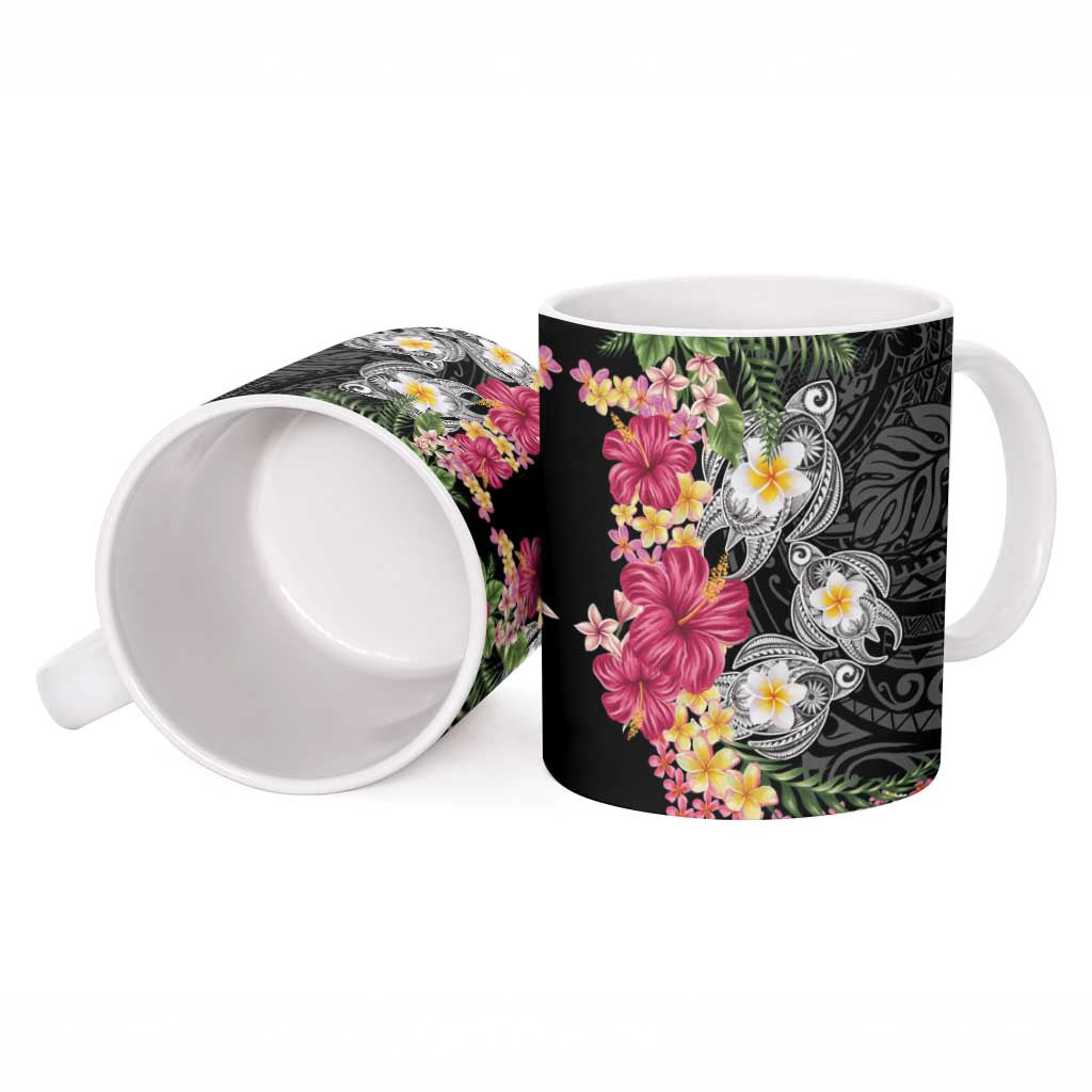 Hawaiian Tropical Flowers and Tribal Turtles Ceramic Mug Polynesian Art Motifs Black Color - Polynesian Pride