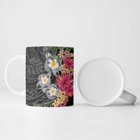 Hawaiian Tropical Flowers and Tribal Turtles Ceramic Mug Polynesian Art Motifs Black Color - Polynesian Pride