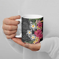 Hawaiian Tropical Flowers and Tribal Turtles Ceramic Mug Polynesian Art Motifs Black Color - Polynesian Pride
