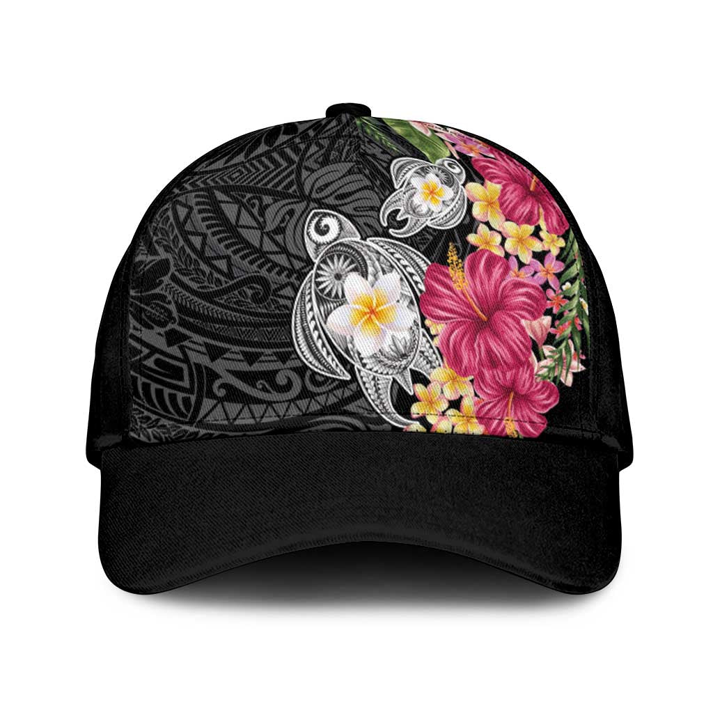 Hawaiian Tropical Flowers and Tribal Turtles Classic Cap Polynesian Art Motifs Black Color - Polynesian Pride