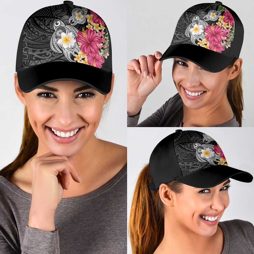 Hawaiian Tropical Flowers and Tribal Turtles Classic Cap Polynesian Art Motifs Black Color - Polynesian Pride
