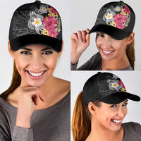 Hawaiian Tropical Flowers and Tribal Turtles Classic Cap Polynesian Art Motifs Black Color - Polynesian Pride