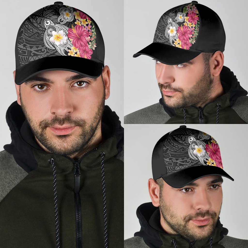 Hawaiian Tropical Flowers and Tribal Turtles Classic Cap Polynesian Art Motifs Black Color - Polynesian Pride