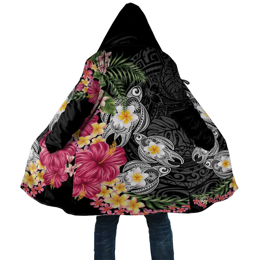 Hawaiian Tropical Flowers and Tribal Turtles Cloak Polynesian Art Motifs Black Color - Polynesian Pride