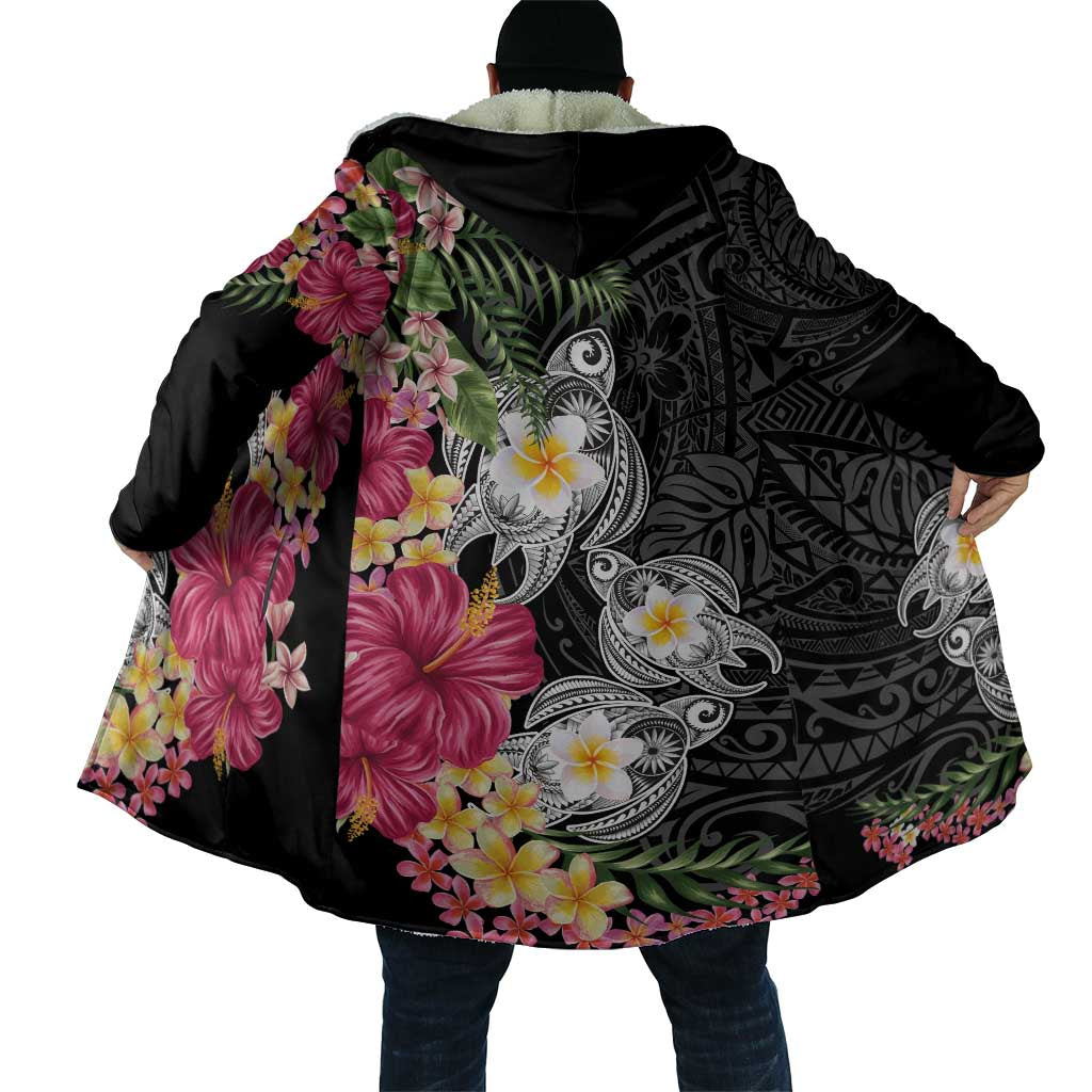 Hawaiian Tropical Flowers and Tribal Turtles Cloak Polynesian Art Motifs Black Color - Polynesian Pride