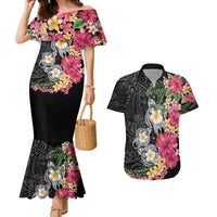 Hawaiian Tropical Flowers and Tribal Turtles Couples Matching Mermaid Dress and Hawaiian Shirt Polynesian Art Motifs Black Color - Polynesian Pride