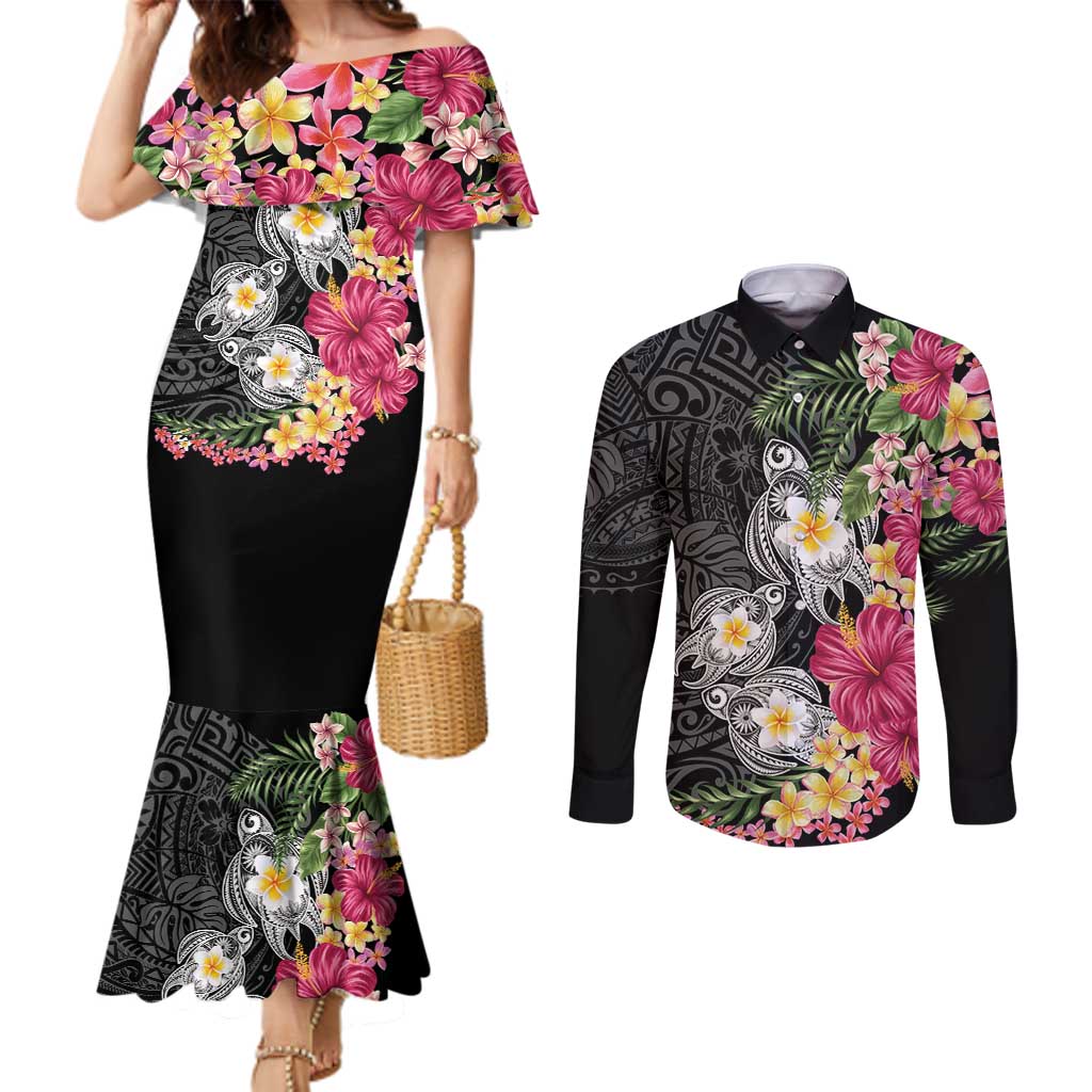 Hawaiian Tropical Flowers and Tribal Turtles Couples Matching Mermaid Dress and Long Sleeve Button Shirt Polynesian Art Motifs Black Color - Polynesian Pride