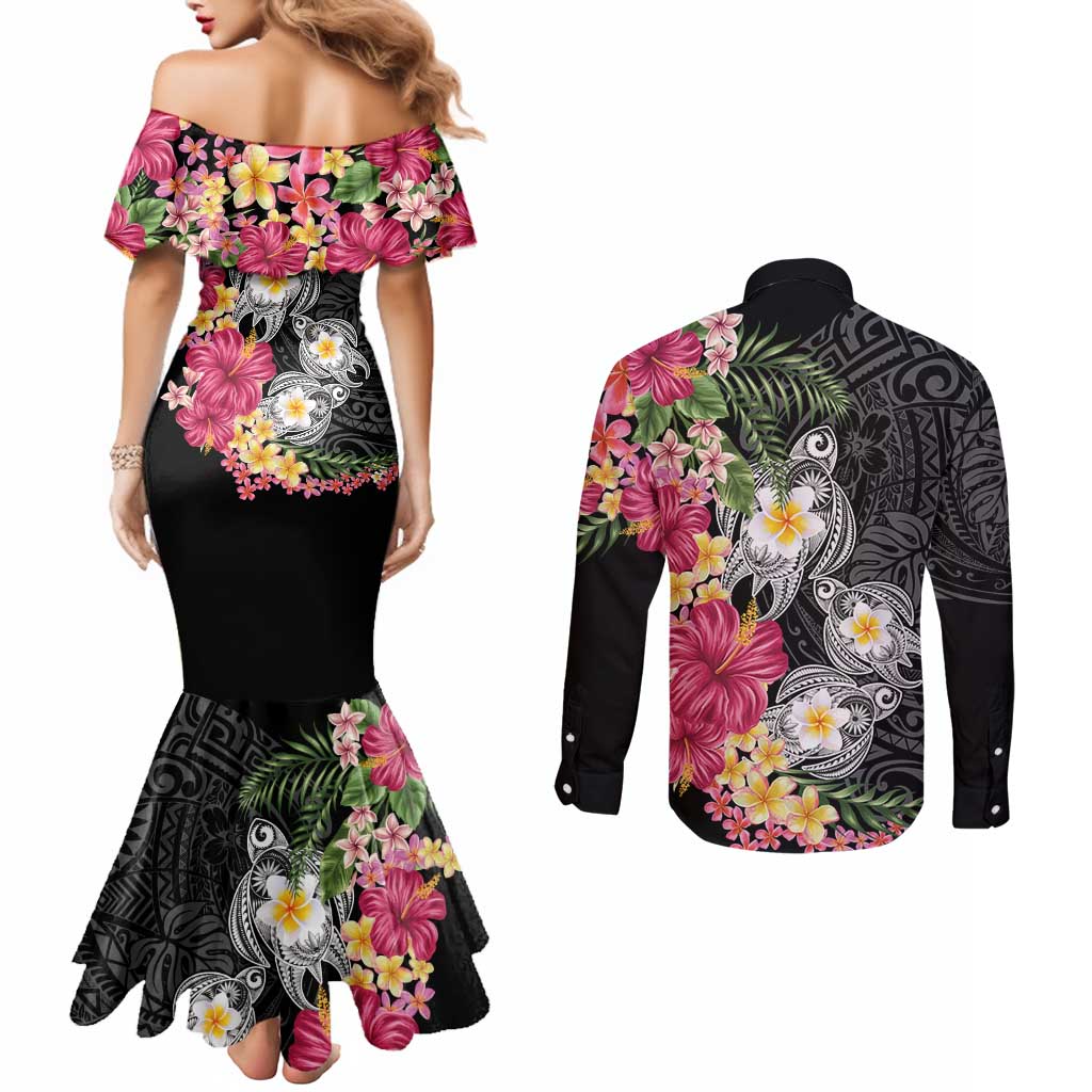 Hawaiian Tropical Flowers and Tribal Turtles Couples Matching Mermaid Dress and Long Sleeve Button Shirt Polynesian Art Motifs Black Color - Polynesian Pride