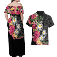 Hawaiian Tropical Flowers and Tribal Turtles Couples Matching Off Shoulder Maxi Dress and Hawaiian Shirt Polynesian Art Motifs Black Color - Polynesian Pride
