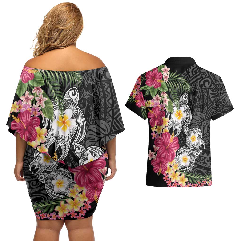 Hawaiian Tropical Flowers and Tribal Turtles Couples Matching Off Shoulder Short Dress and Hawaiian Shirt Polynesian Art Motifs Black Color - Polynesian Pride