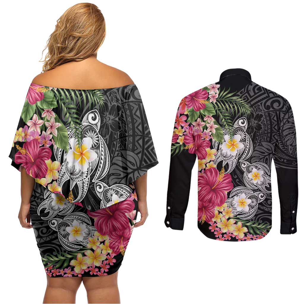 Hawaiian Tropical Flowers and Tribal Turtles Couples Matching Off Shoulder Short Dress and Long Sleeve Button Shirt Polynesian Art Motifs Black Color - Polynesian Pride