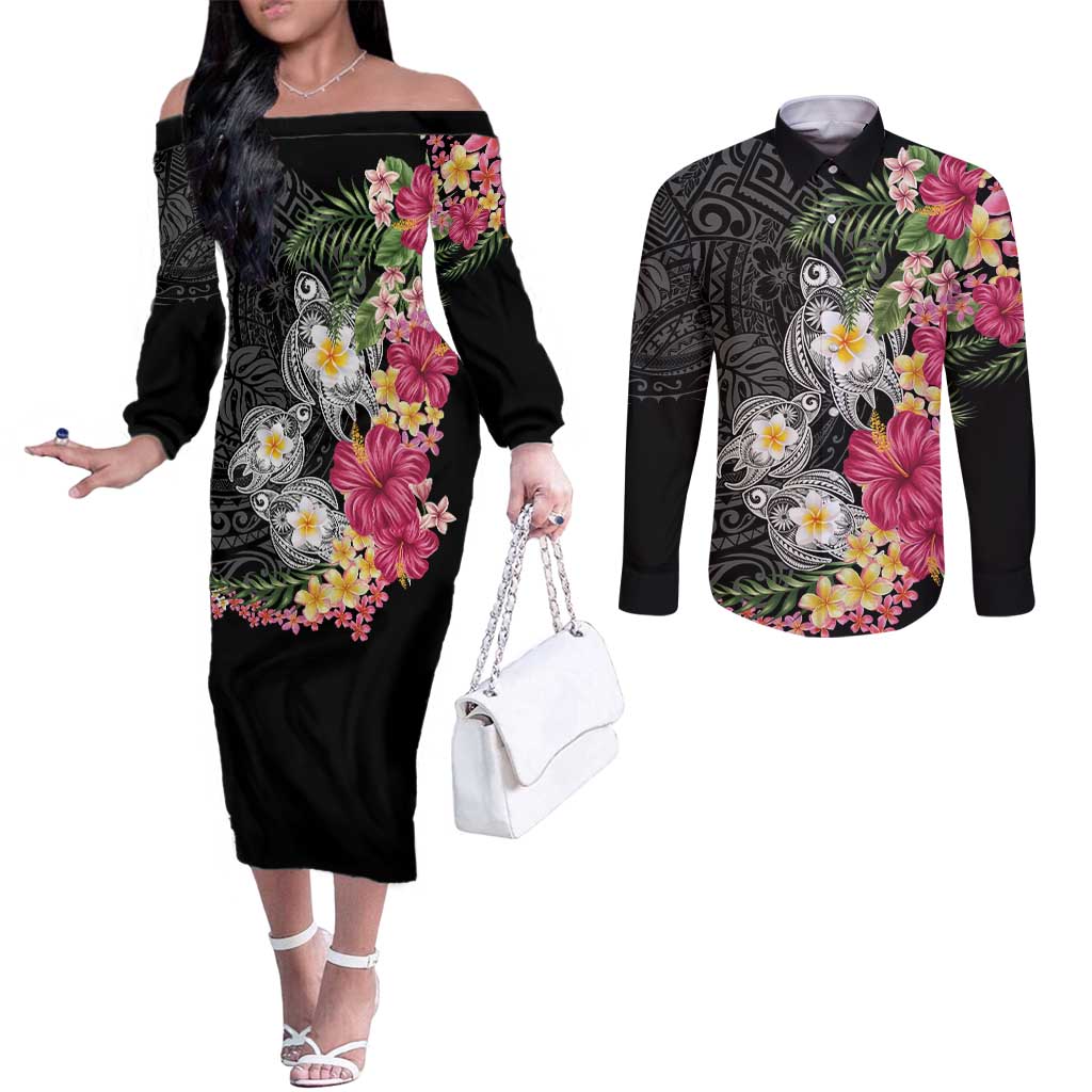 Hawaiian Tropical Flowers and Tribal Turtles Couples Matching Off The Shoulder Long Sleeve Dress and Long Sleeve Button Shirt Polynesian Art Motifs Black Color - Polynesian Pride