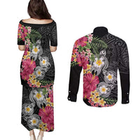 Hawaiian Tropical Flowers and Tribal Turtles Couples Matching Puletasi and Long Sleeve Button Shirt Polynesian Art Motifs Black Color - Polynesian Pride