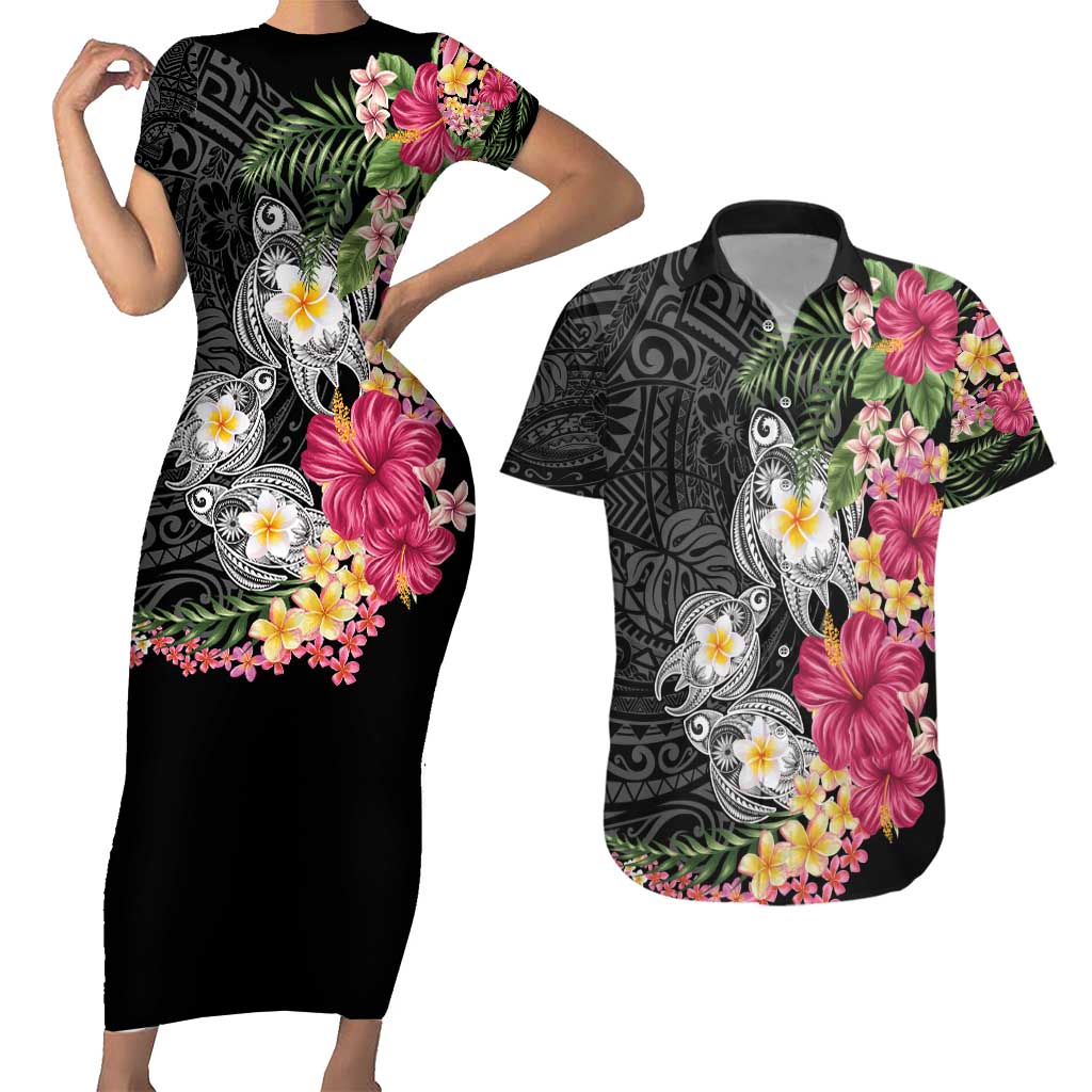 Hawaiian Tropical Flowers and Tribal Turtles Couples Matching Short Sleeve Bodycon Dress and Hawaiian Shirt Polynesian Art Motifs Black Color - Polynesian Pride