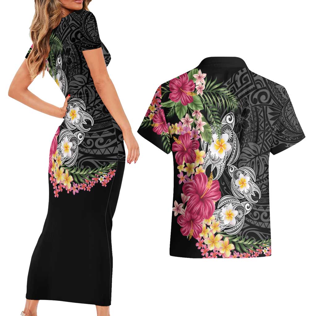 Hawaiian Tropical Flowers and Tribal Turtles Couples Matching Short Sleeve Bodycon Dress and Hawaiian Shirt Polynesian Art Motifs Black Color - Polynesian Pride