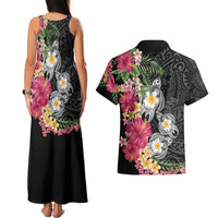 Hawaiian Tropical Flowers and Tribal Turtles Couples Matching Tank Maxi Dress and Hawaiian Shirt Polynesian Art Motifs Black Color - Polynesian Pride