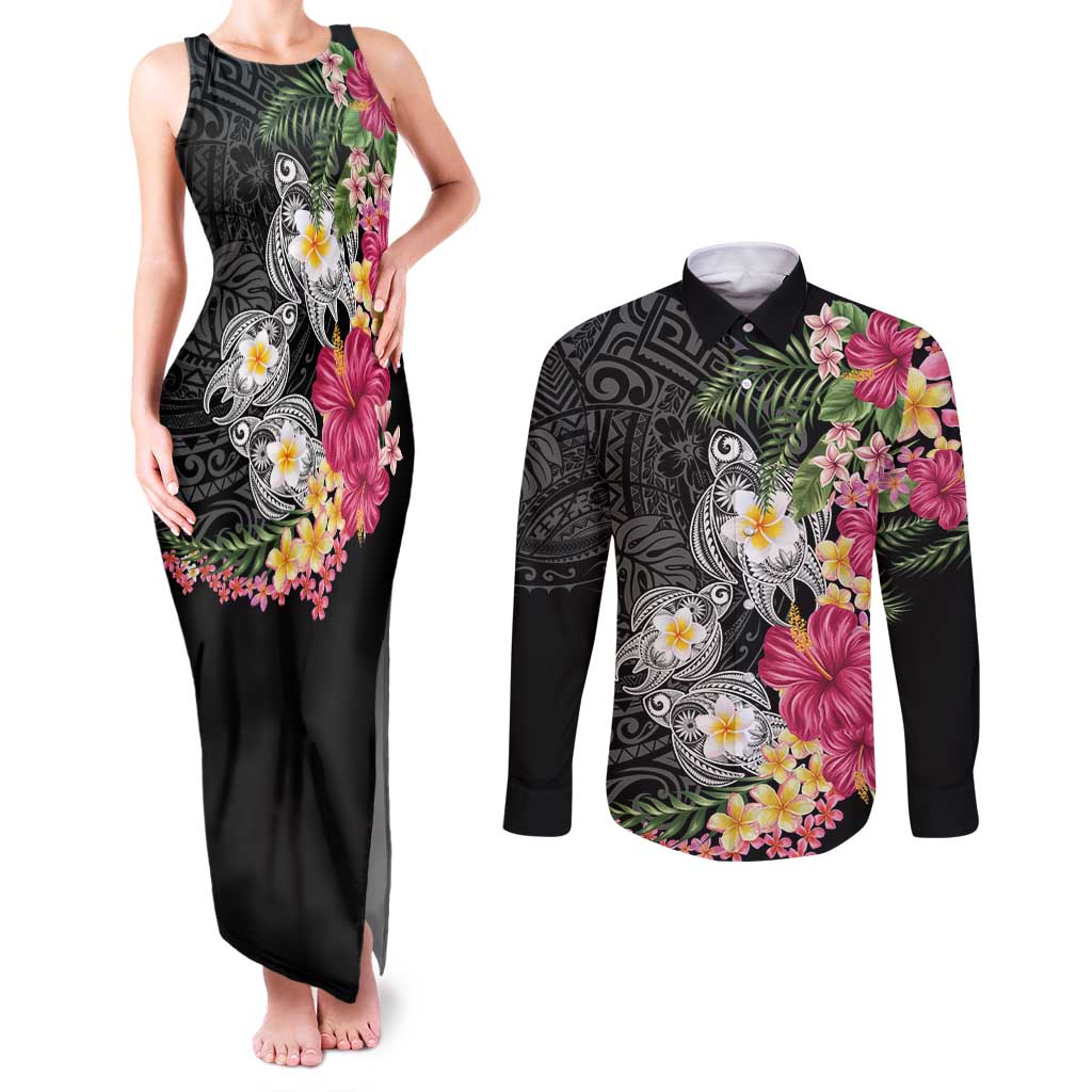 Hawaiian Tropical Flowers and Tribal Turtles Couples Matching Tank Maxi Dress and Long Sleeve Button Shirt Polynesian Art Motifs Black Color - Polynesian Pride