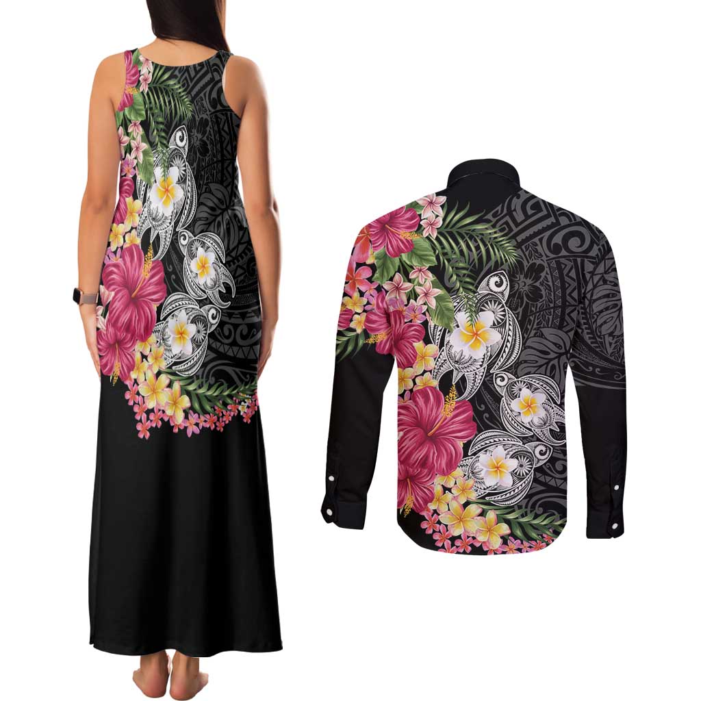 Hawaiian Tropical Flowers and Tribal Turtles Couples Matching Tank Maxi Dress and Long Sleeve Button Shirt Polynesian Art Motifs Black Color - Polynesian Pride