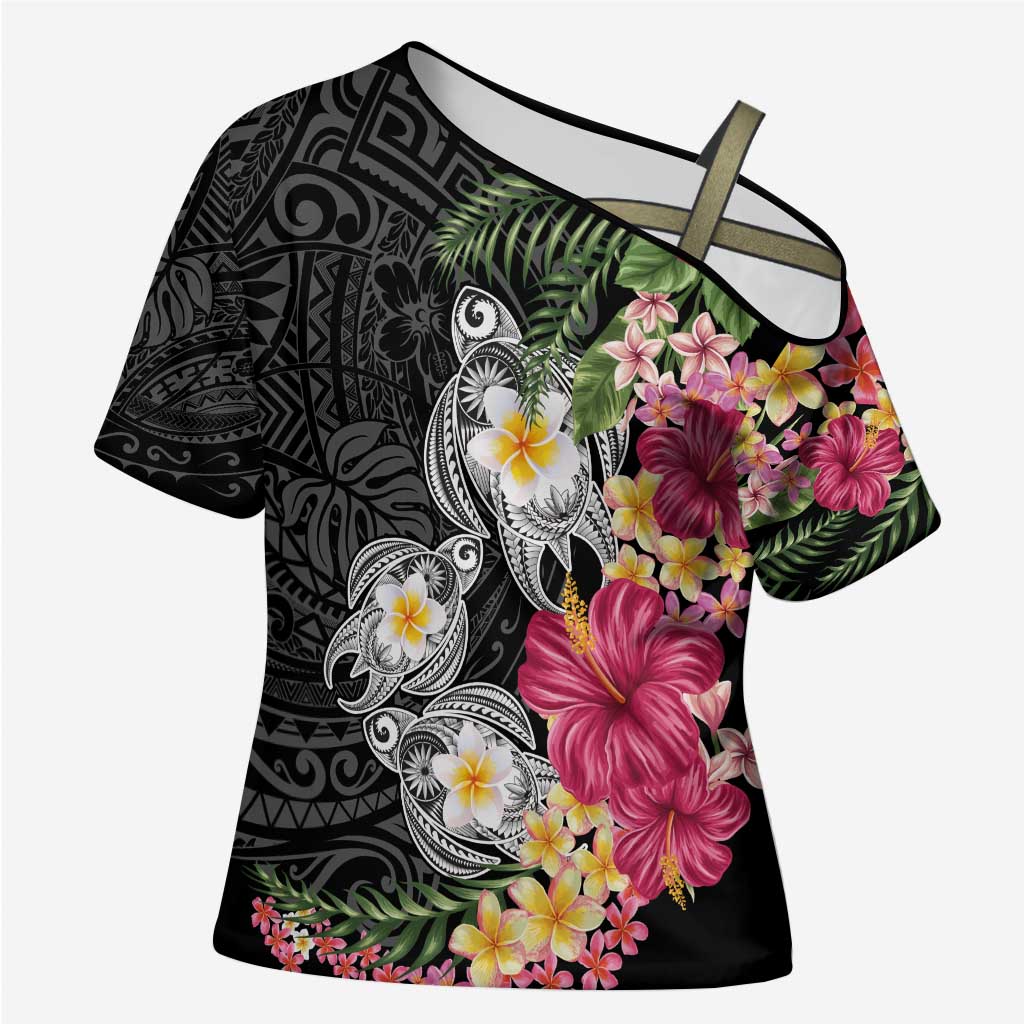 Hawaiian Tropical Flowers and Tribal Turtles Cross Shoulder Shirt Polynesian Art Motifs Black Color - Polynesian Pride