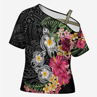 Hawaiian Tropical Flowers and Tribal Turtles Cross Shoulder Shirt Polynesian Art Motifs Black Color - Polynesian Pride