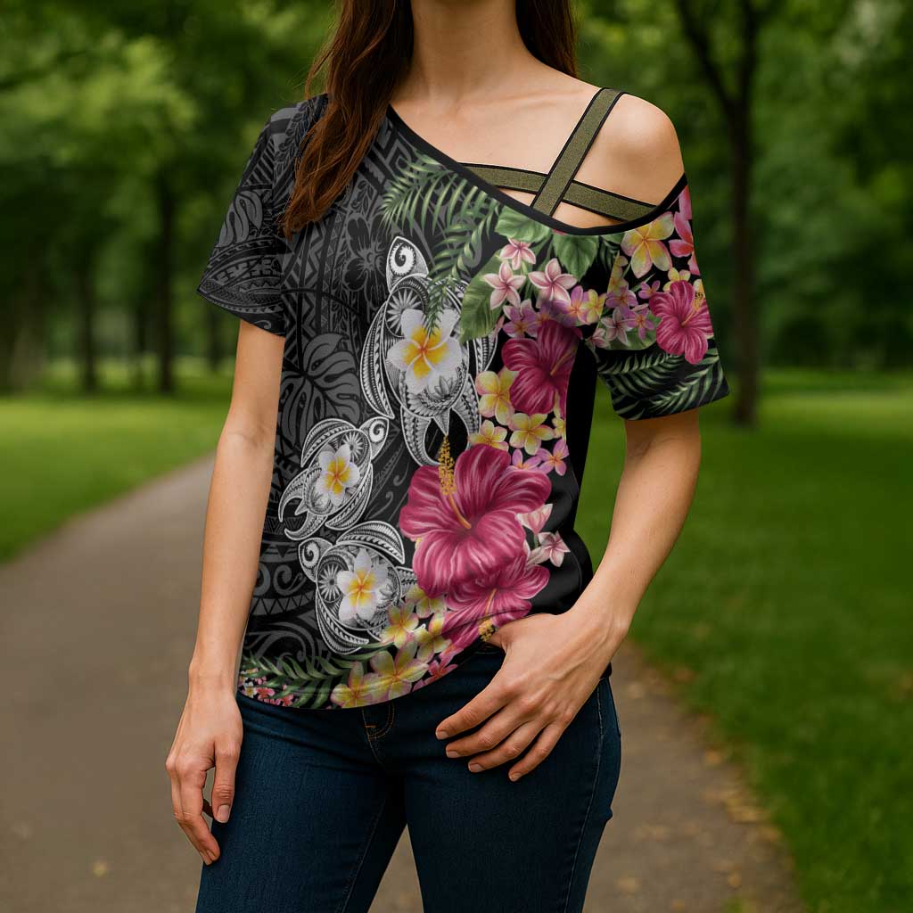 Hawaiian Tropical Flowers and Tribal Turtles Cross Shoulder Shirt Polynesian Art Motifs Black Color - Polynesian Pride