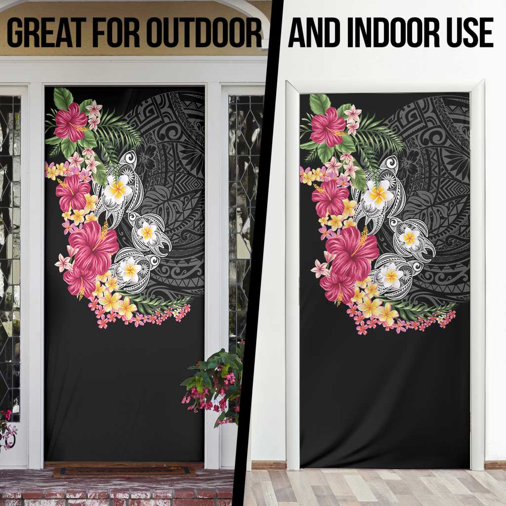 Hawaiian Tropical Flowers and Tribal Turtles Door Cover Polynesian Art Motifs Black Color - Polynesian Pride