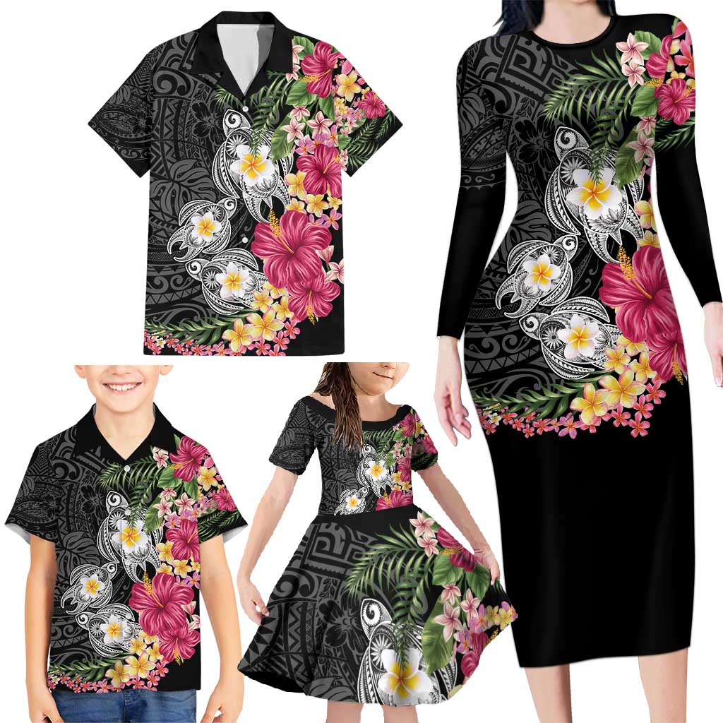 Hawaiian Tropical Flowers and Tribal Turtles Family Matching Long Sleeve Bodycon Dress and Hawaiian Shirt Polynesian Art Motifs Black Color - Polynesian Pride