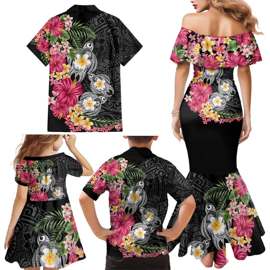 Hawaiian Tropical Flowers and Tribal Turtles Family Matching Mermaid Dress and Hawaiian Shirt Polynesian Art Motifs Black Color - Polynesian Pride