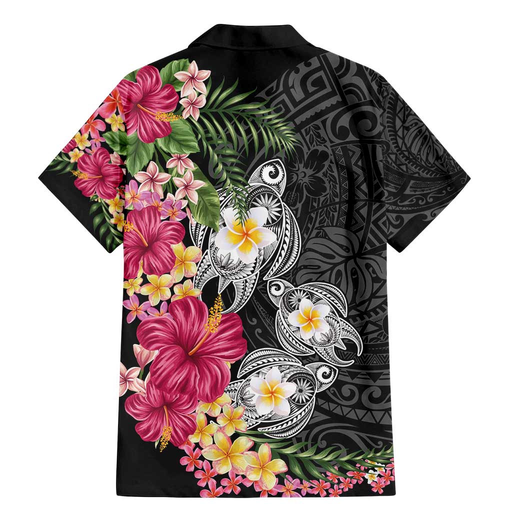 Hawaiian Tropical Flowers and Tribal Turtles Family Matching Mermaid Dress and Hawaiian Shirt Polynesian Art Motifs Black Color - Polynesian Pride