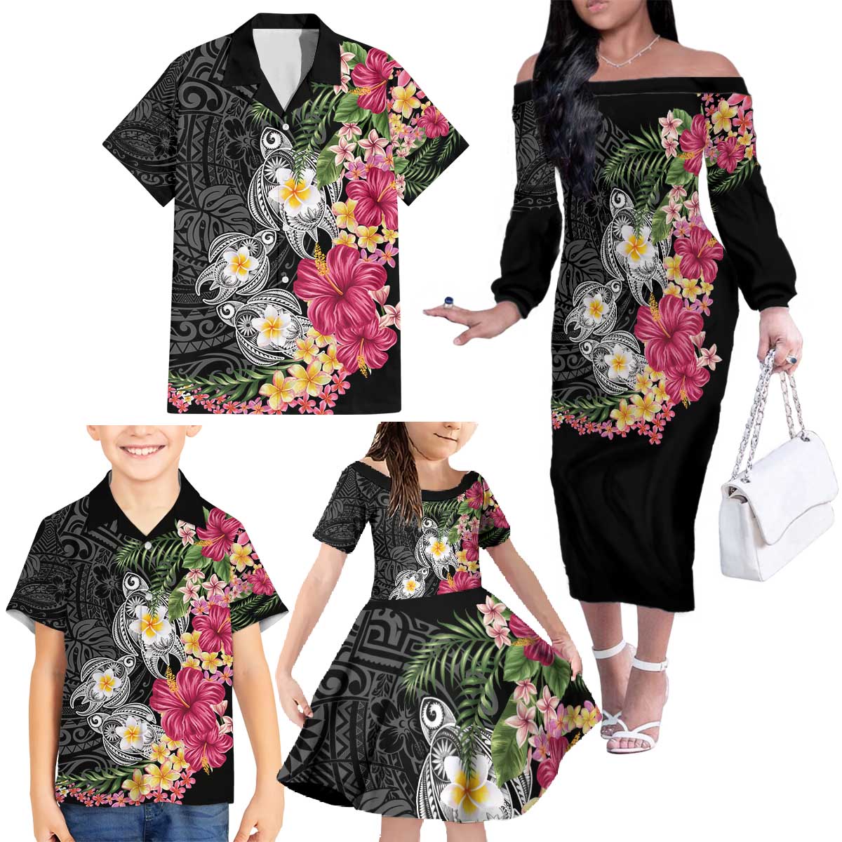 Hawaiian Tropical Flowers and Tribal Turtles Family Matching Off The Shoulder Long Sleeve Dress and Hawaiian Shirt Polynesian Art Motifs Black Color - Polynesian Pride