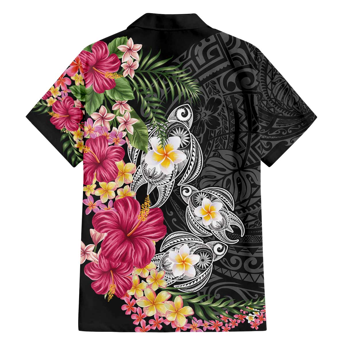 Hawaiian Tropical Flowers and Tribal Turtles Family Matching Off The Shoulder Long Sleeve Dress and Hawaiian Shirt Polynesian Art Motifs Black Color - Polynesian Pride