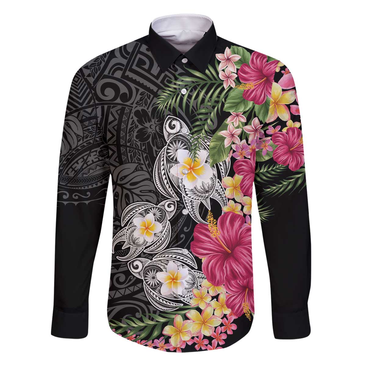Hawaiian Tropical Flowers and Tribal Turtles Family Matching Off The Shoulder Long Sleeve Dress and Hawaiian Shirt Polynesian Art Motifs Black Color - Polynesian Pride