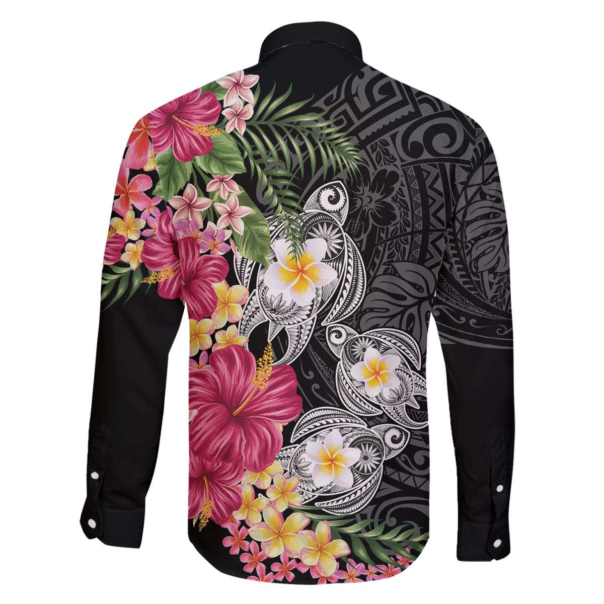 Hawaiian Tropical Flowers and Tribal Turtles Family Matching Off The Shoulder Long Sleeve Dress and Hawaiian Shirt Polynesian Art Motifs Black Color - Polynesian Pride