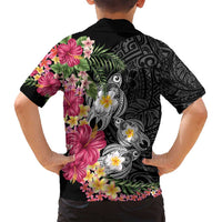 Hawaiian Tropical Flowers and Tribal Turtles Family Matching Off Shoulder Maxi Dress and Hawaiian Shirt Polynesian Art Motifs Black Color - Polynesian Pride