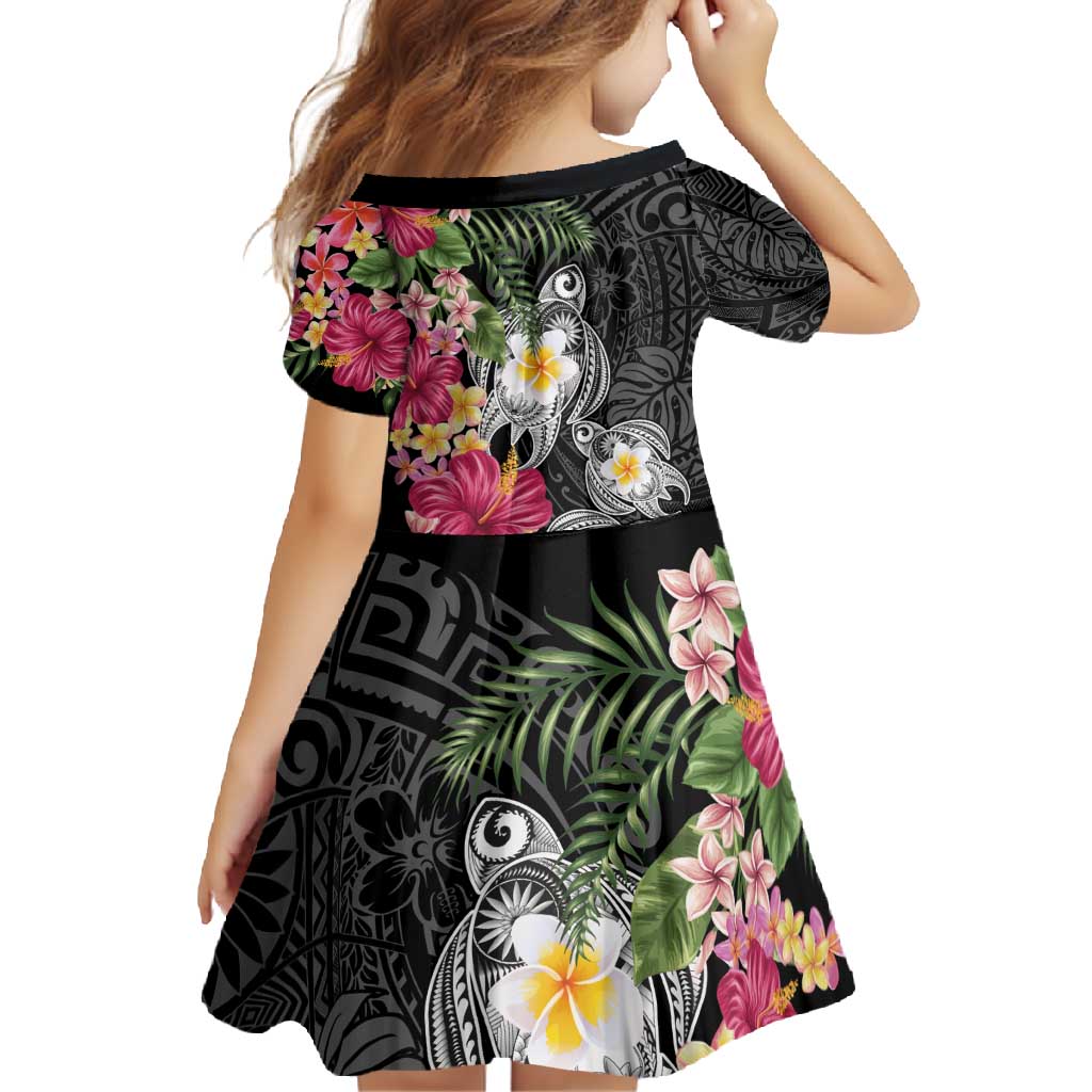 Hawaiian Tropical Flowers and Tribal Turtles Family Matching Off Shoulder Maxi Dress and Hawaiian Shirt Polynesian Art Motifs Black Color - Polynesian Pride