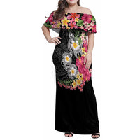 Hawaiian Tropical Flowers and Tribal Turtles Family Matching Off Shoulder Maxi Dress and Hawaiian Shirt Polynesian Art Motifs Black Color - Polynesian Pride