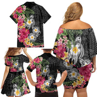Hawaiian Tropical Flowers and Tribal Turtles Family Matching Off Shoulder Short Dress and Hawaiian Shirt Polynesian Art Motifs Black Color - Polynesian Pride