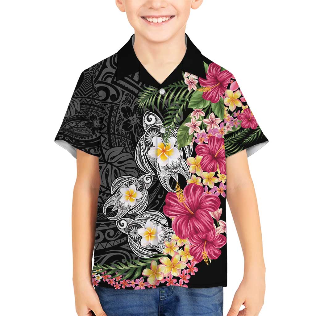 Hawaiian Tropical Flowers and Tribal Turtles Family Matching Off Shoulder Short Dress and Hawaiian Shirt Polynesian Art Motifs Black Color - Polynesian Pride