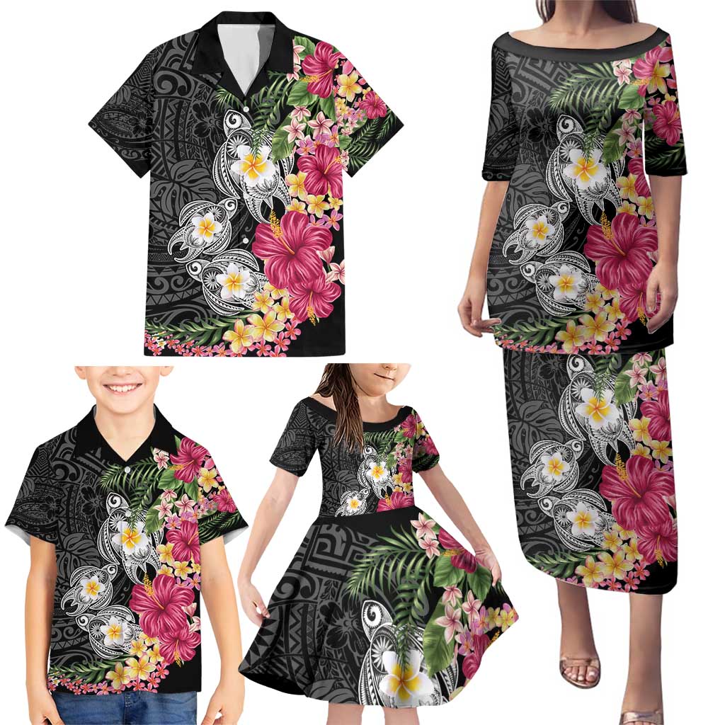Hawaiian Tropical Flowers and Tribal Turtles Family Matching Puletasi and Hawaiian Shirt Polynesian Art Motifs Black Color - Polynesian Pride