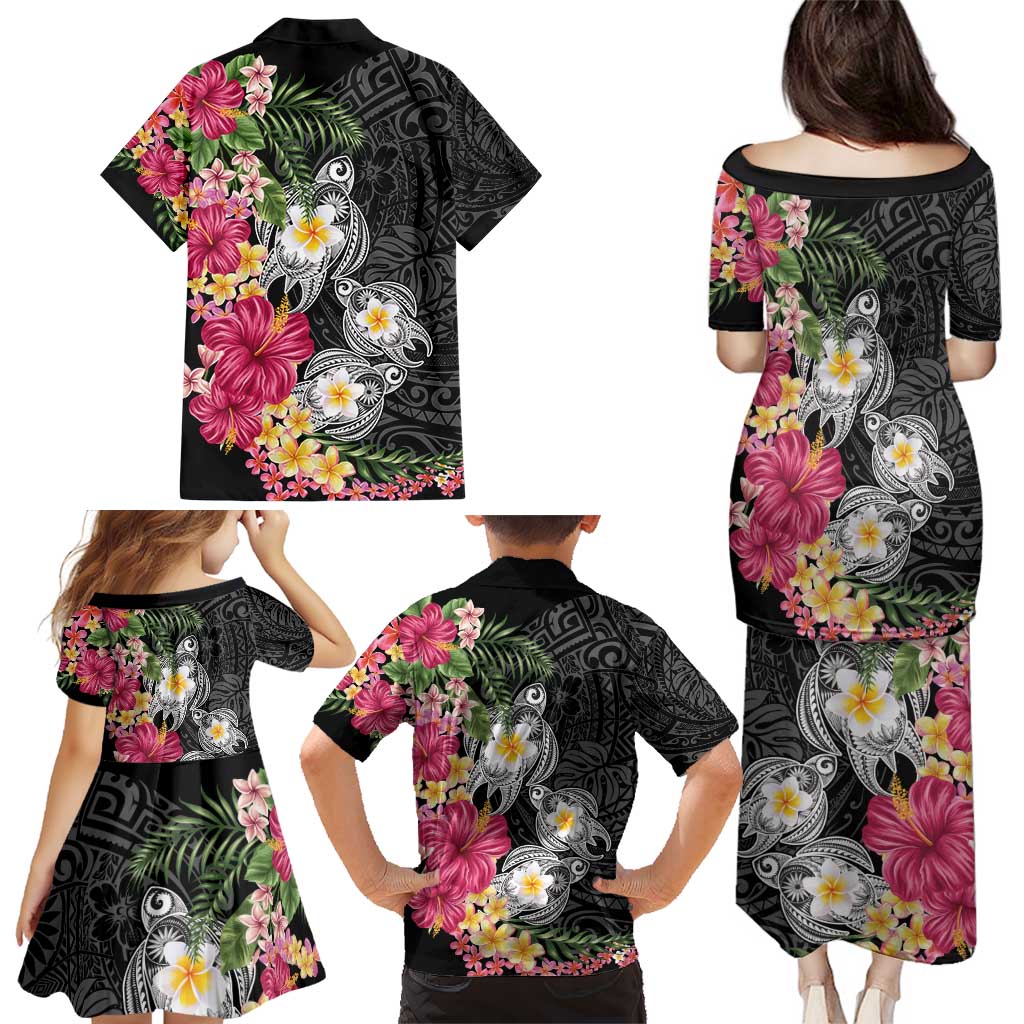 Hawaiian Tropical Flowers and Tribal Turtles Family Matching Puletasi and Hawaiian Shirt Polynesian Art Motifs Black Color - Polynesian Pride