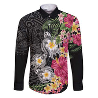 Hawaiian Tropical Flowers and Tribal Turtles Family Matching Puletasi and Hawaiian Shirt Polynesian Art Motifs Black Color - Polynesian Pride