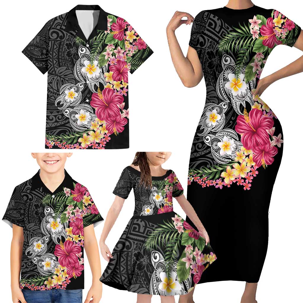 Hawaiian Tropical Flowers and Tribal Turtles Family Matching Short Sleeve Bodycon Dress and Hawaiian Shirt Polynesian Art Motifs Black Color - Polynesian Pride