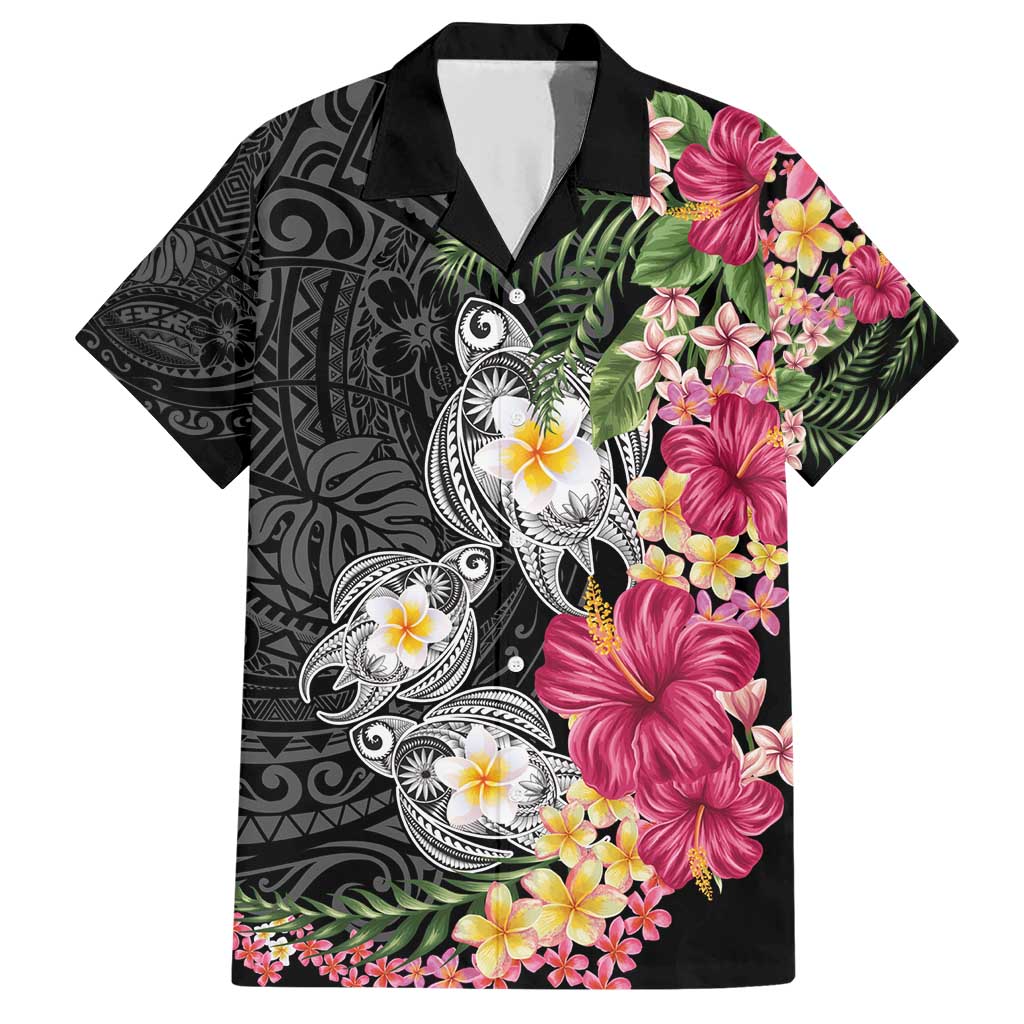 Hawaiian Tropical Flowers and Tribal Turtles Family Matching Short Sleeve Bodycon Dress and Hawaiian Shirt Polynesian Art Motifs Black Color - Polynesian Pride