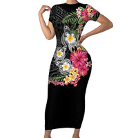 Hawaiian Tropical Flowers and Tribal Turtles Family Matching Short Sleeve Bodycon Dress and Hawaiian Shirt Polynesian Art Motifs Black Color - Polynesian Pride