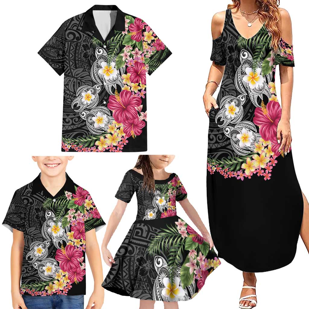 Hawaiian Tropical Flowers and Tribal Turtles Family Matching Summer Maxi Dress and Hawaiian Shirt Polynesian Art Motifs Black Color - Polynesian Pride