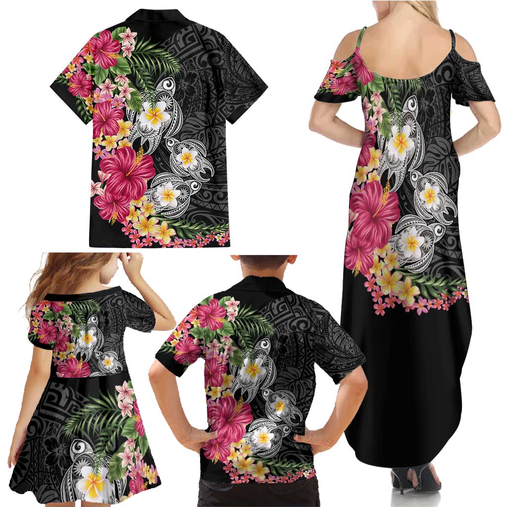 Hawaiian Tropical Flowers and Tribal Turtles Family Matching Summer Maxi Dress and Hawaiian Shirt Polynesian Art Motifs Black Color - Polynesian Pride
